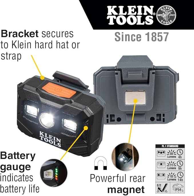 Klein Tools 80174 (2) Rechargeable LED Headlamps with Headlamp Bracket and Fabric Strap, 300 Lumen All-Day Runtime, for Klein Hard Hats, 3-Piece