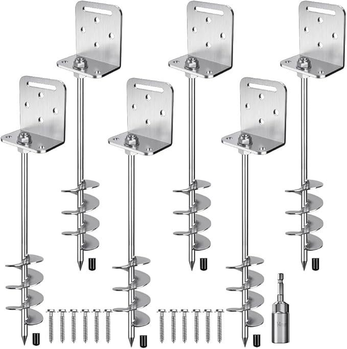 24'' Heavy Duty Ground Anchors Screw in 10mm Solid Steel with L Bracket for Trampoline Mobile Home Swing Set Shed Carport Earth Anchor Fence, 2.7" Helix Blade & Chrome Plated Finish, 6Pack