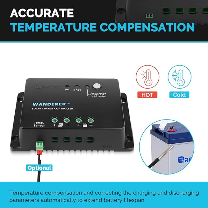Renogy Wanderer 30 Amp 12V Advanced PWM Negative Ground Solar Charge Controller Battery Regulator Compatible with Sealed, Gel, and Flooded Batteries and Wanderer Temperature Sensor