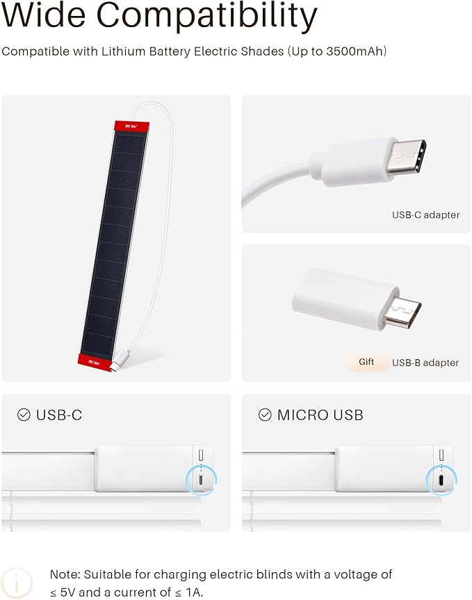 1PCS Solar Panels 3.4W 6V Charge for Motorized Blinds with USB-C Connector for Lithium Battery Operated Shades