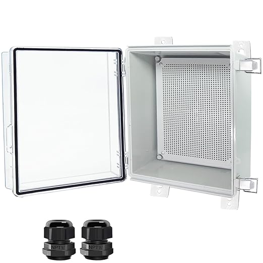 Junction Box, Hinged Clear Cover Stainless Steel Latch IP67 Waterproof ABS Project Box with 2 PG13.5 Cable Gland,Electrical Box Enclosure with Mounting Plate & Wall Bracket 11.8 x 11.8 x
