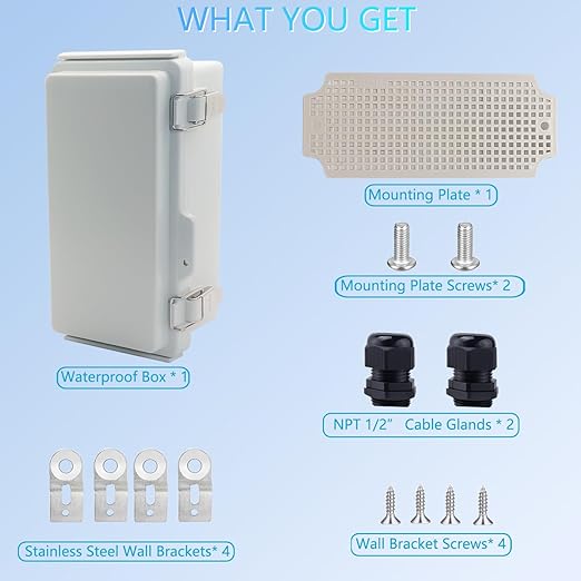 IP67Junction Box, ABS Plastic Outdoor Waterproof Box Electrical Enclosure with Stainless Steel Latch, Hinged Cover Electric Box with Mounting Plate 8.3"x4.3"x3"