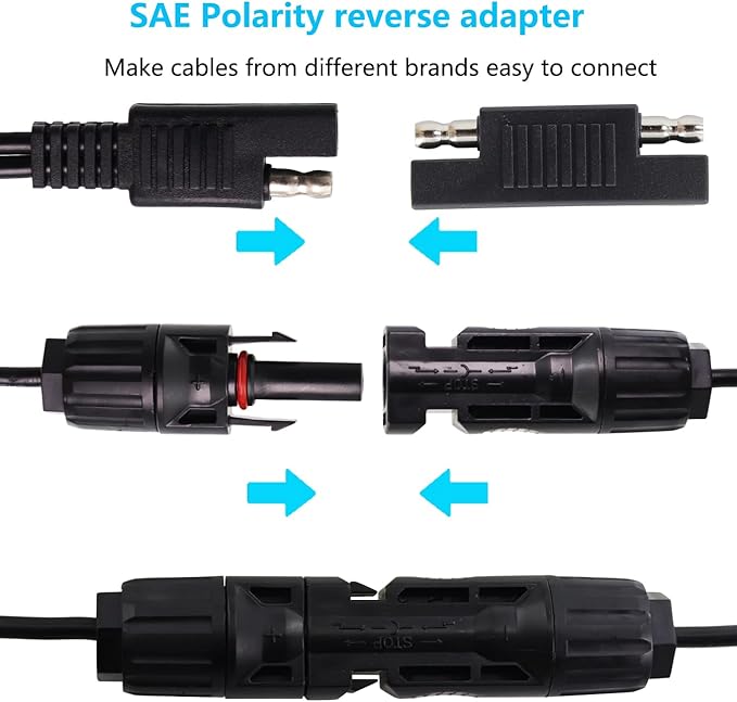 Solar Panel to SAE Adapter Cable 14AWG SAE Connector to Male & Female Solar Connectors Extension Wire for Solar Panels RVs Battery Charger kit with SAE Polarity Reverse Adapter 2FT