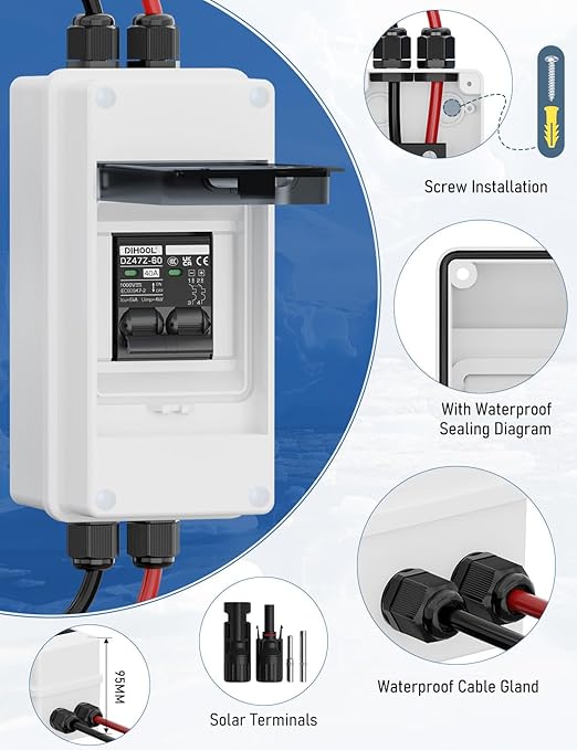 DIHOOL DC 1000V Circuit Breaker, Non Polarized, 40 Amp, 2 Pole, AC DC Disconnect Switch Box Outdoor, Battery Cutoff Isolator, PV Array MCB