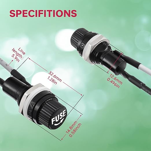 Panel Mount Fuse Holder - 5x20 mm, 250V AC/125V AC/12V DC, 10A/15A Fast Blow Glass Fuse Kit with Pre-Soldered Wires