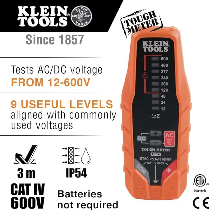 Klein Tools ET60 Voltage Tester, Tests AC / DC and Low Voltage, No Batteries Needed