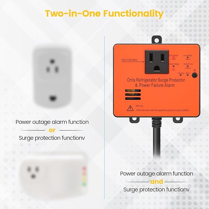 Ortis Refrigerator Surge Protector & Power Failure Alarm, Protects Against Voltage Abnormalities, with LED Indicator Light & 110dB Alarm, Ideal for Refrigerators, Freezers, and Sewage