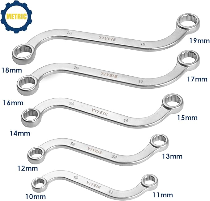 Offset S-Style Box End Wrench Set, 5-Piece, Chrome Vanadium Steel, 10x11mm, 12x13mm, 14x15mm, 16x17mm, 18x19mm
