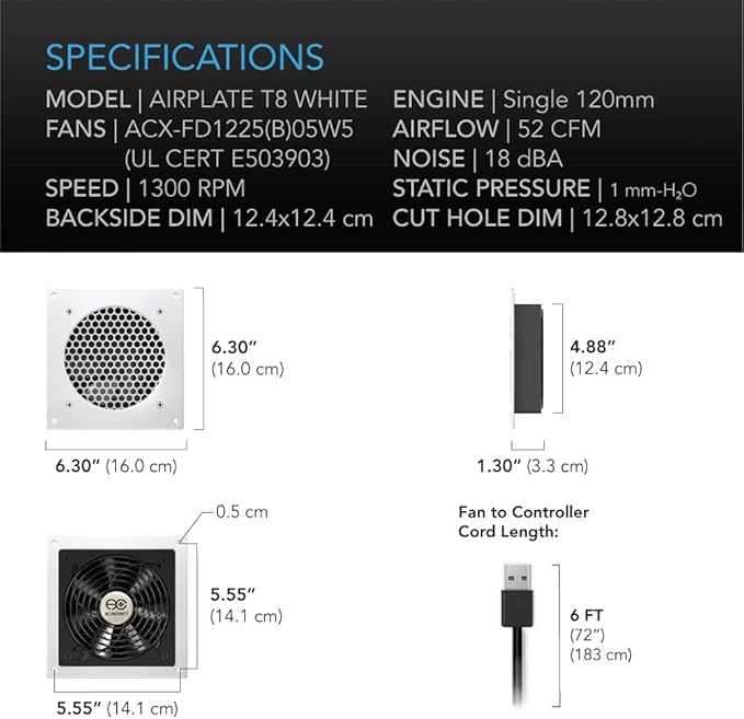 AC Infinity AIRPLATE T8 White, Quiet Cooling Dual-Fan System 6" with Thermostat Control, for Home Theater AV Cabinets