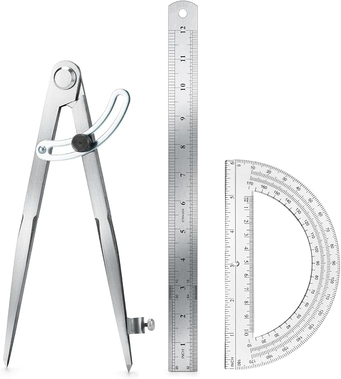Compass Geometry Tool, Drawing Compass, Professional 12 Inch Large Compass with Wing for Woodworking, 6 Inch Protractor, 12 Inch Ruler for Carpenter, Drafting