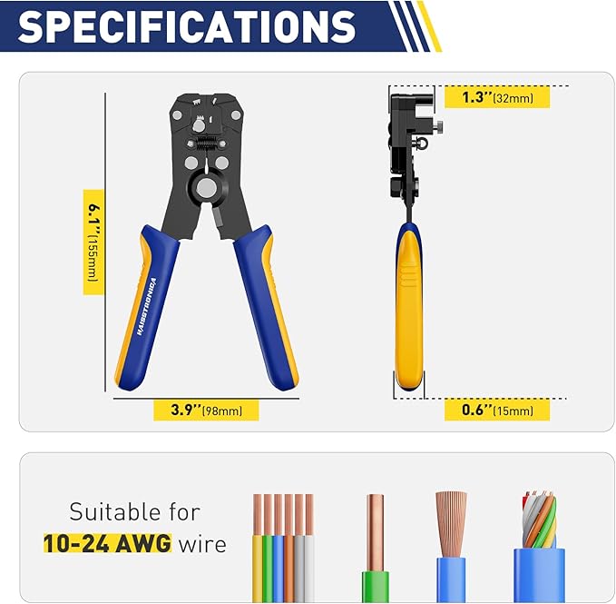 haisstronica Self-Adjusting Wire Stripper,2 in 1 Stripper/Cutter 6 inch Heavy Duty Automatic Wire for 10-24 AWG Stranded,Solid,Landscape Etc