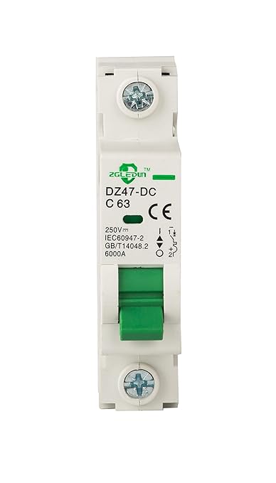 DC Miniature Circuit Breaker, 1 Pole 63 Amp, 110V-250VDC, 6kA Din Rail Mount Breaker with Thermal Magnetic Trip, DZ47-63 C63 1P, DC Solar MCB