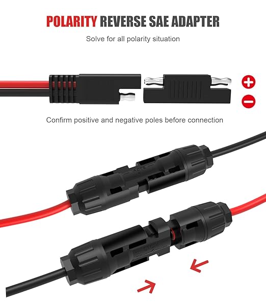 BERLAT Solar Extension Cable - 10AWG, 30cm with 2 SAE Polarity Reverse Adapters