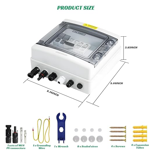 1 in 1 Out Solar Combiner Box,PV Combiner Box with 20A PV Fuse,DC 20A Circuit Breaker and Surge Protector,IP65 Solar Disconnect Switch Box for Indoor Outdoor Solar Panel System (1 in 1 Out 20A 500V)