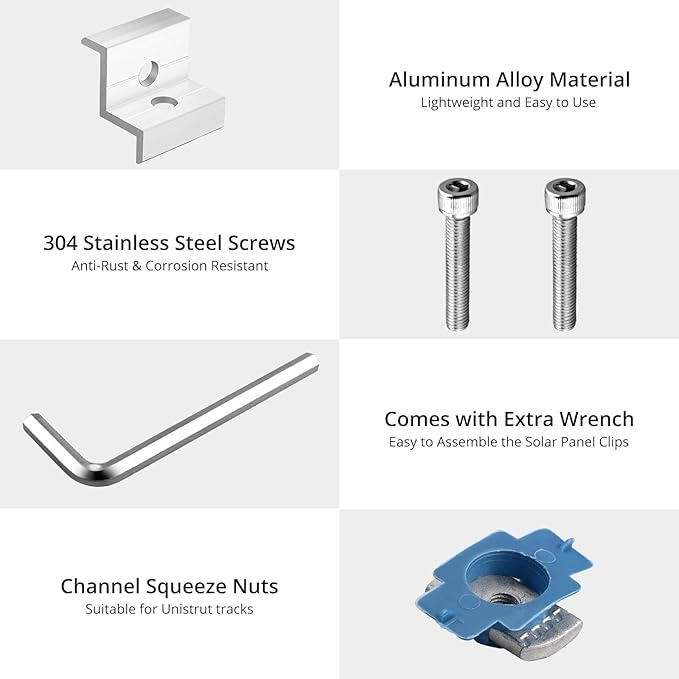 Anbte 10pcs Solar Panel End Clamp for Standard Unistrut, Aluminum 30mm/35mm Solar Panel Brackets with Nuts Bolts, Solar Panel Mounting Kit for Metal Roof, Tin Roof, Flat Roof, Sheet Roof, Silver