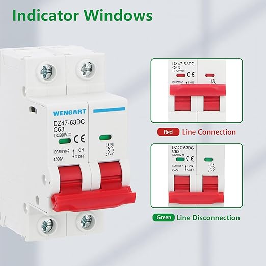 Wengart DC Miniature Circuit Breaker DZ47-63Z,500V 2 Poles 63A,Work for Battery and Solar PV Systems and Other DC Systems, DIN Rail Mount,Disconnect Switch
