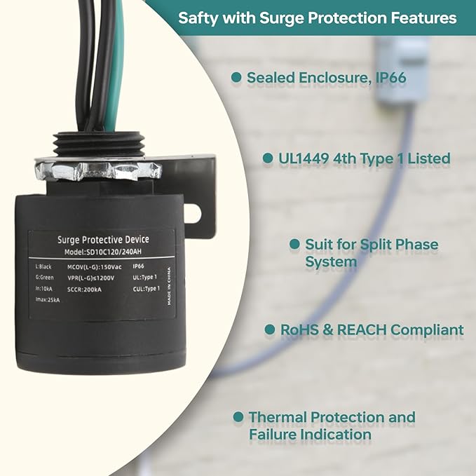 WeCooper 120/240VAC Universal HVAC Surge Protective Device,Type 1 SPD,25KA,IP66,SCCR 200KA,TFMV Technology,1-Phase,3-Wire, UL1449 4th,Ultimate Comprehensive Surge Protection