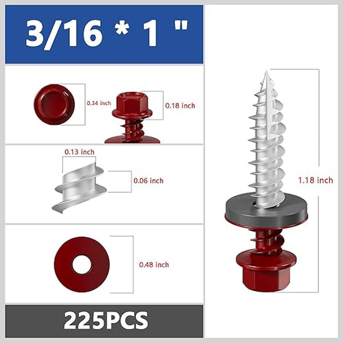 # 3/16 * 1 "225PCS 2lbs Red Hexagonal Metal Sheet roof Screws, # 10 * 1 with EPDM Washer and Hexagonal self Tapping, Used for Metal to Wood and Corrugated Roofs. 5 * 25mm