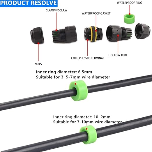 Junction Box Waterproof IP68 Connection Box 3-Pole Cable Connector for Ø7-10mm Cable Connection Box Black 2 Pieces