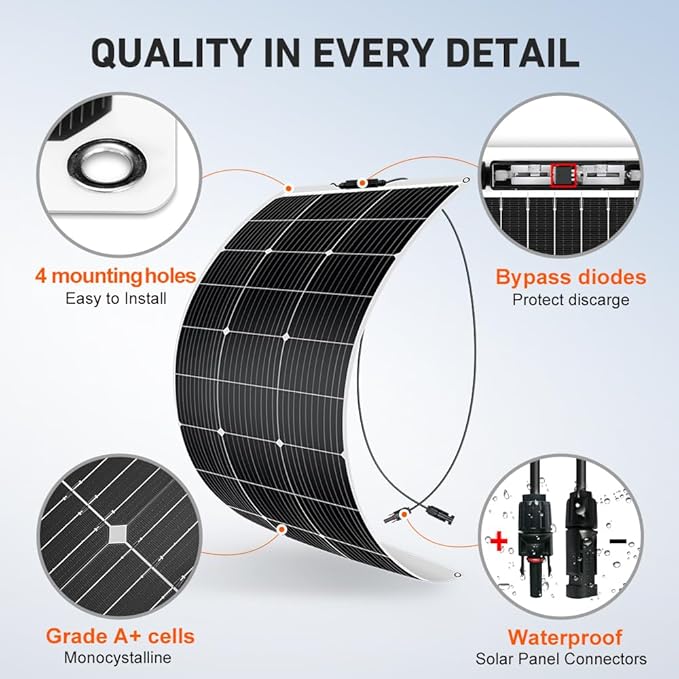 DOKIO 100W 18V Flexible Solar Panel Monocrystalline for 12V Battery Charging, Semi-Flexible ETFE Lightweight with MC4 for RV Marine Boat Camper Van Trailer Off-Grid Power