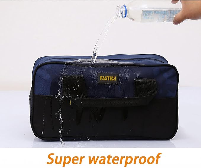 FASTECH 14 Inch Small Tool Tote Bag, Wide Mouth Tool Tote Bag, Waterproof Tool Organizer Bag, Multi-Pockets Wide Mouth Tool Tote For Man/Woman (Blue)