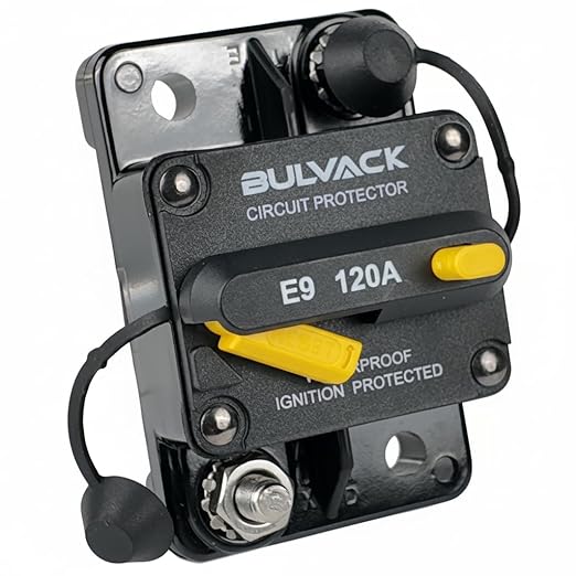 E9 Hi-Amp 120A Circuit Breaker with Manual Reset 12V - 48V DC | Waterproof IP67 UL Certified | 120 Amp Switchable Surface Mount