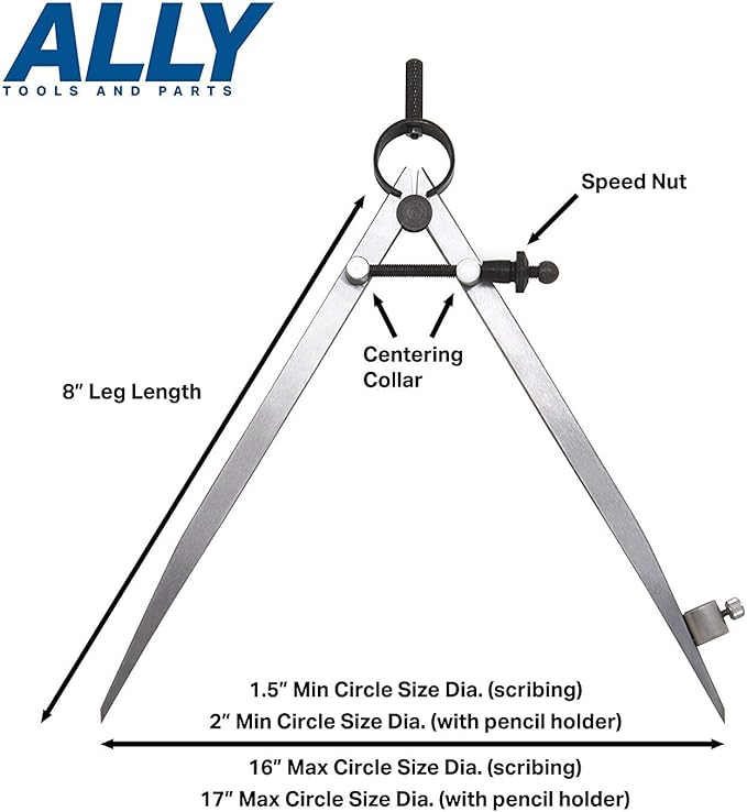 ALLY Tools 8 Inch Precision Locking Spring Divider/Woodworking Compass with Pencil Holder INCLUDES Two Pencils and Pencil Sharpener Ideal for Drawing, Drafting, Carpentry