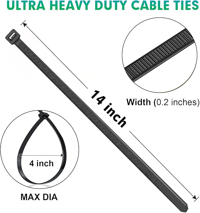 Zip Ties, RAZCC 1200pcs Black Cable Zip Ties 14 Inch, Heavy Duty Plastic Wire Ties with 70lb Tensile Strength, Self-Locking Black Nylon Tie Wraps for Indoor and Outdoor