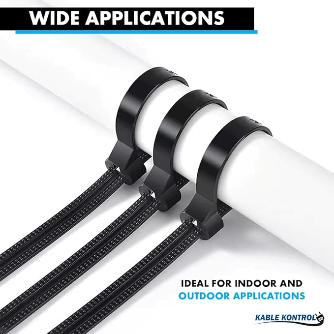 Kable Kontrol Cable Ties with Metal Tooth, 8 Inch 100 Pcs, 120 Lbs Tensile Strength, Metal Pawl, Stainless Steel Toothed Self-Locking Device, UV Resistant Steel Barb Zip Ties - Black
