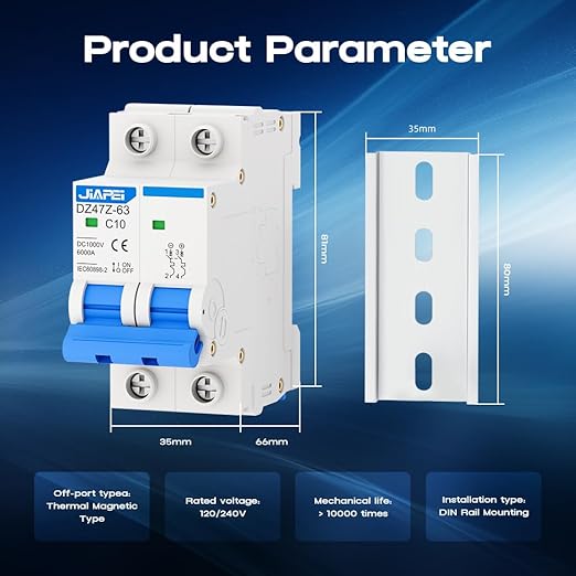 DC Miniature Circuit Breaker, 1000V 2 Pole 10 Amp Isolator for Solar PV System, Thermal Magnetic Trip DIN Rail Mount, C10 DC Disconnect Switch