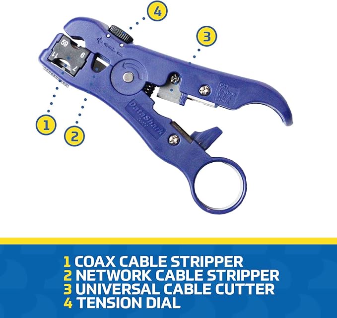 DataShark 70029 Universal Cutter-Stripper for Flat or Round TV/UTP Cable | Cat5 Cat5e Cat6 | RG6 Quad RG59 RG7 RG11 (Pro Grade)