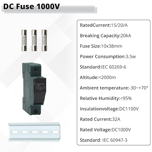 15A 1000V DC Solar PV Fuse Kit with Holder - 10x38mm PV Fuse Link for Photovoltaic Systems, DIN Rail Mount (100mm), Overload Protection