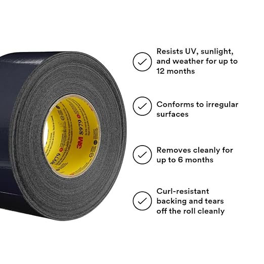 3M Performance Plus 8979 Duct Tape Heavy Duty, Black, 29 in x 60 yds, 12.1 mil, 6 Month Clean Removal, Resists UV and Weather for up to 12 Months, Tears Cleanly, Curl-Resistant, 1 Roll