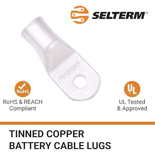SELTERM 10pcs 4/0 AWG-5/16" Stud Tinned Copper Wire Lugs, Heavy Duty Battery Cable Ends,0000 Gauge Ring Terminals, UL Battery Lugs Marine Grade Copper Eyelets Electrical Battery Terminal Connectors
