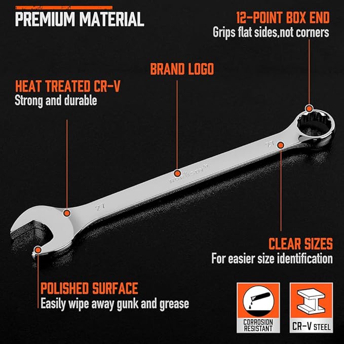 HORUSDY Large Wrench Set with Rolling Pouch | Metric | 6-Piece | 23mm, 24mm, 26mm, 27mm, 30mm, 32mm | 12 Point | Chrome Vanadium Steel