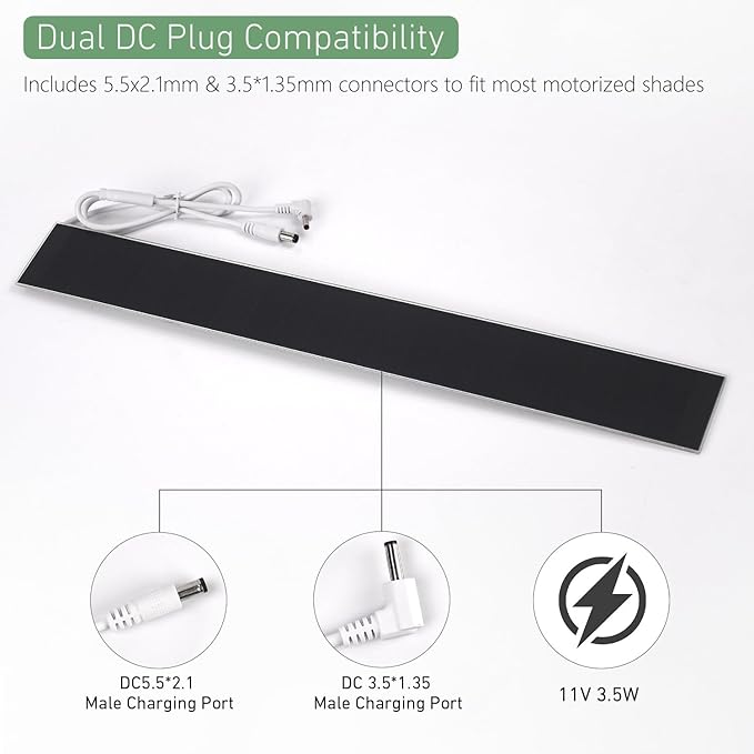 11V 3.5W Solar Panel for Motorized Shades – Dual DC Plugs (5.5x2.1mm & 3.5x1.35mm) – Solar Power for RTS Shades & Blinds