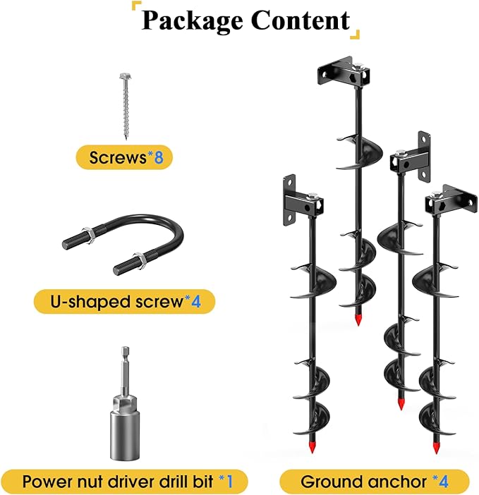 Ground Anchors Screw in,16" Set of 4 Multi-Purpose Trampoline Stakes,Heavy Duty Earth Anchors,Mobile Home Anchors-Storage Shed Anchor Kit-Playset Swing Set Anchors for Fence,Carport,Garden