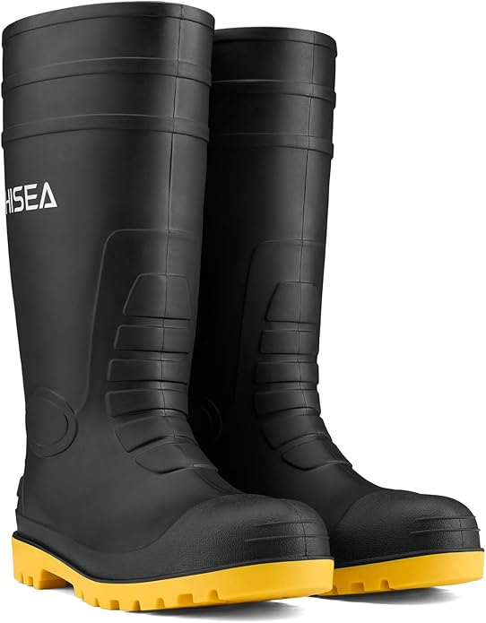 HISEA Men's Steel Toe Rain Boots PVC Rubber Boots, Waterproof Garden Fishing Outdoor Work Boots, Durable Slip Resistant Knee Boots for Agriculture and Industrial Working
