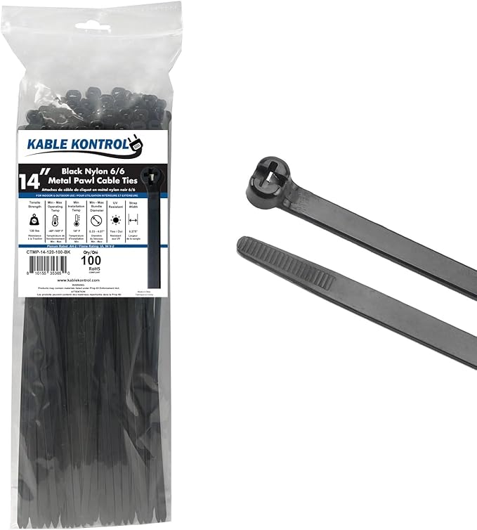 Kable Kontrol Cable Ties with Metal Tooth, 14 Inch 100 Pcs, 120 Lbs Tensile Strength, Metal Pawl, Stainless Steel Toothed Self-Locking Device, UV Resistant Steel Barb Zip Ties - Black