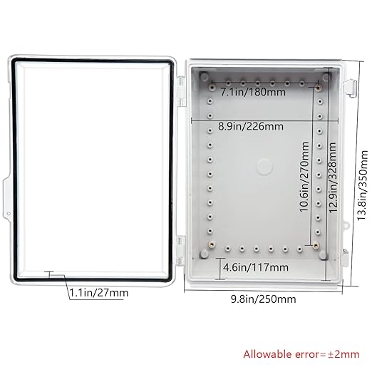 Zulkit Junction Box ABS Plastic Dustproof Waterproof IP67 Electrical Boxes Hinged Shell Outdoor Universal Project Enclosure Grey Clear Cover, Stainless Steel Buckles (13.8 x 9.8 x 5.9 Inch