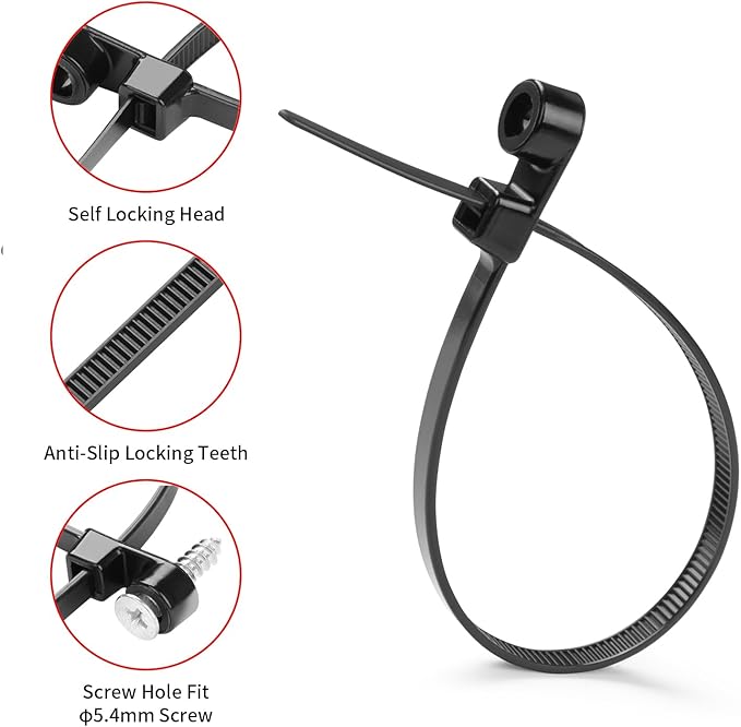 200 PCS 8 inch Black Zip Ties with Screw Hole 70lbs Mountable head Cable Ties Straps Multipurpose Heavy Duty Nylon Cable Zip Ties with Screw Mounting Hole