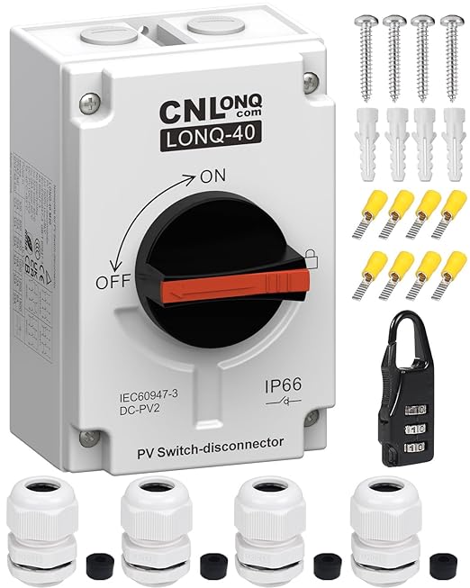CNLONQ Solar PV Disconnect Switch 32A DC1500V Rapid Shutoff Isolator Switch 4P 1 or 2 Strings with IP66 Waterproof Enclosure for Rooftop Solar Systems, RVs and Boats