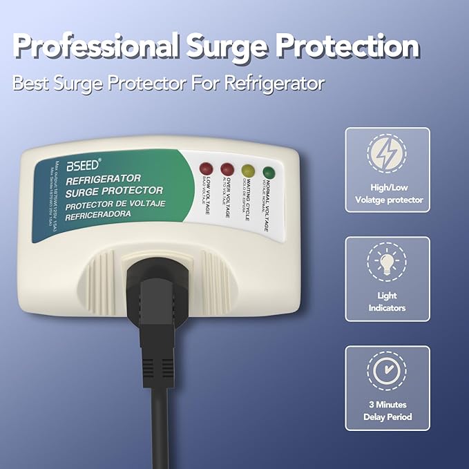 BSEED Refrigerator Surge Protector Single Outlet, Wall Surge Protector for Home Appliance Against High & Low Voltage, Brownouts & Spikes 1875W 15A 1 Pack
