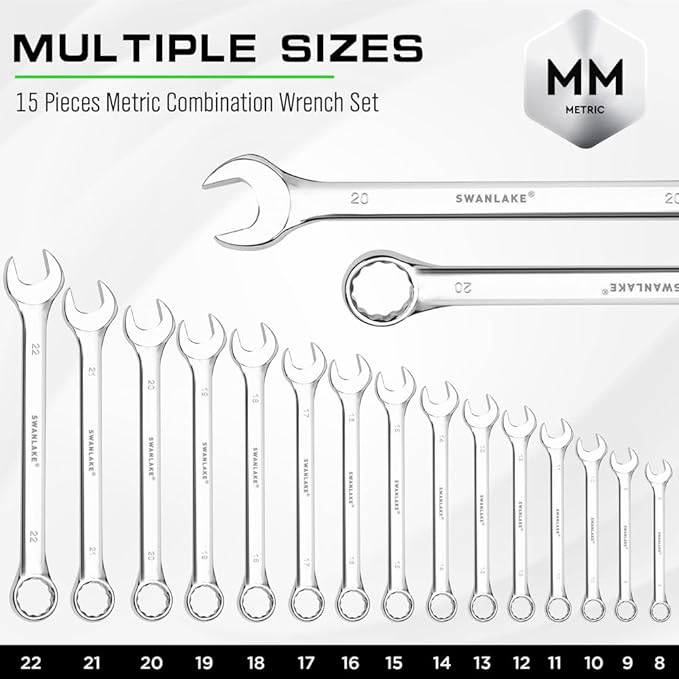 SWANLAKE GARDEN TOOLS 15-Piece Metric Combination Wrench Set, 12-Point Max Torque Open End Wrench Set, Cr-V Steel Wrenches 8, 9, 10, 11, 12, 13, 14, 15, 16, 17, 18, 19, 20, 21, 22mm with Storage Rack