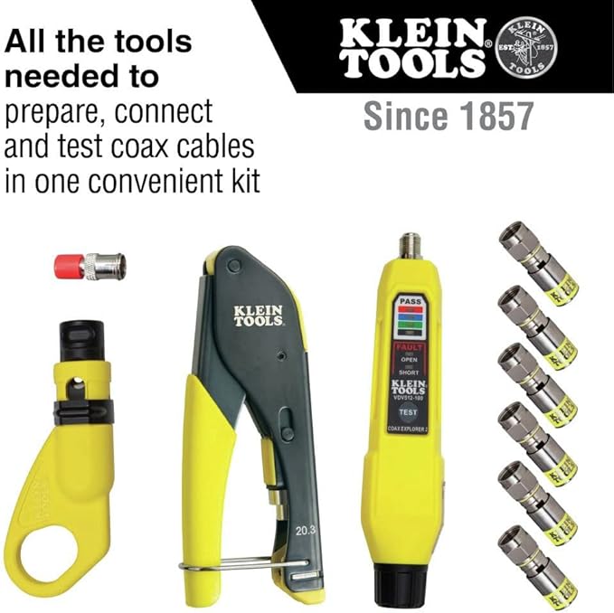 Klein Tools VDV002-818 Coax Install and Test Kit with Crimp Tool, Includes Tester, Stripper and Universal F Connectors