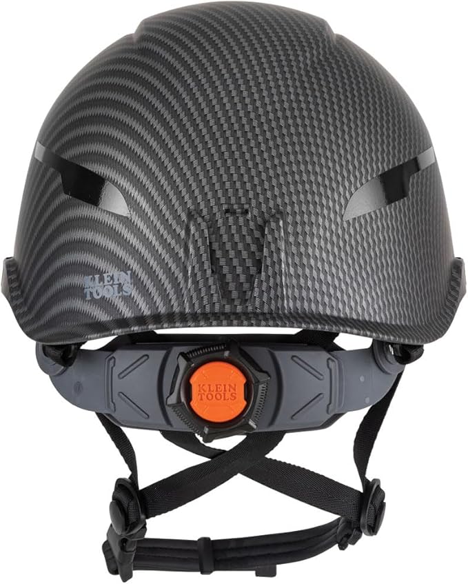 Klein Tools 60515 Safety Helmet, Non-Vented Class E with Rechargeable Lamp and Chin Strap, Premium KARBN Pattern, Tested up to 20kV