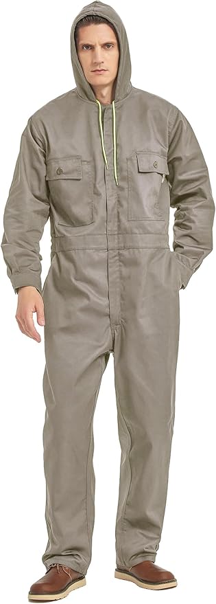 Mens Cotton Blend Long Sleeve Coverall Multi Pockets Zip Overall Mechanic Work Jumpsuit with Hood