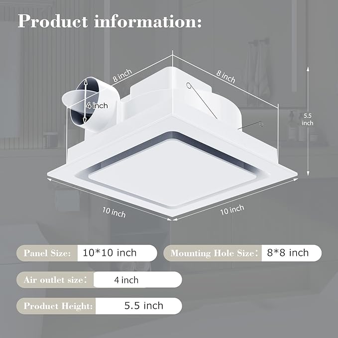 Bathroom Exhaust Fan 10" Panel Ultra Quiet without Light（8x8 Mount）, 110CFM, 4" Duct for Bathroom/Garage/Home