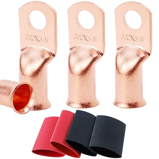 TKDMR 4pcs 2/0 AWG-3/8 Battery Lugs,Heavy Duty Wire Lugs,Ring Terminals,Battery Cable Ends,0 Guage terminals,Battery Terminal Connectors with 4pcs 3:1 Heat Shrink Tubing