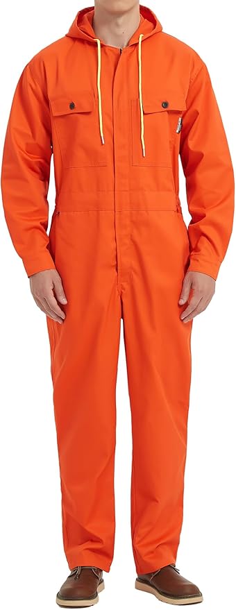 Mens Cotton Blend Long Sleeve Coverall Multi Pockets Zip Overall Mechanic Work Jumpsuit with Hood